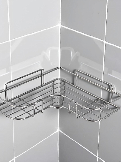 Полка для ванной металл, настенная, угловая, 26х26х5 см, силиконовое крепление, хром, T2022-HT023