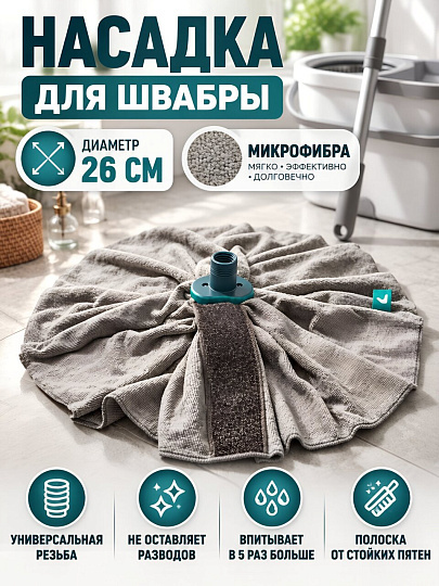 Сменный блок для швабры микрофибра, 26 см, веревочный, круглый, серый, York, To Be Laconic Луна, 77702