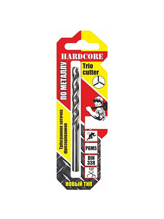 Сверло по металлу, Hardcore, Trio Cutter, диаметр 8х117 мм, Р6М5, цилиндрический хвостовик, 143080