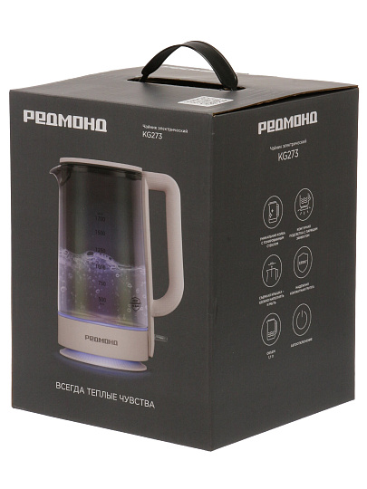 Чайник электрический Редмонд, Strix KG273, белый, 1.7 л, 2200 Вт, скрытый нагревательный элемент, стекло