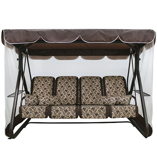Качели садовые 4-местные, 265х143х176 см, 380 кг, Arno, Дефа Люси, раскладываются в кровать, с москитной сеткой, шоколад, тент, 2 подстаканника, 4 подушки-кресла, металл