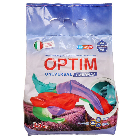 Стиральный порошок Optim, 2.4 кг, ручной + автомат, универсальный, Лаванда