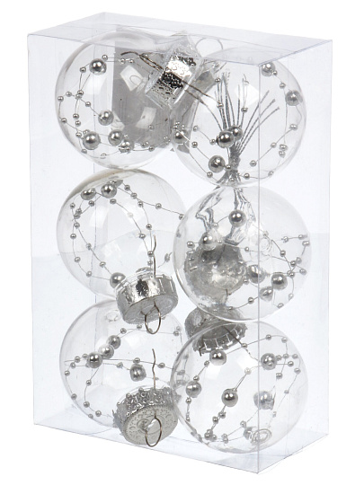 Набор шаров 6 шт, серебро, 6 см, пластик, прозрачный с наполнением, F010008