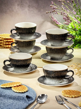 Набор чайный керамика, 12 предметов, на 6 персон, 220 мл, Графит, Y6-10272, подарочная упаковка