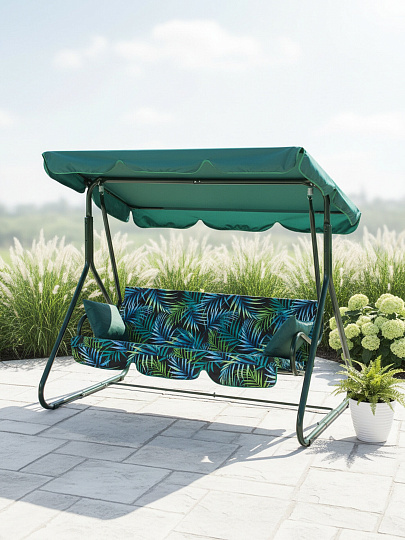 Качели садовые 2-местные, 170.8х120.8х151.8 см, 180 кг, Olsa, Эльф, зеленые, Листики, подушка, с1802, металл