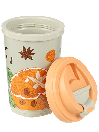 Термостакан пластик, 0.4 л, Бытпласт, Phibo Специи, с клапаном, с декором, бежевый, 435260030