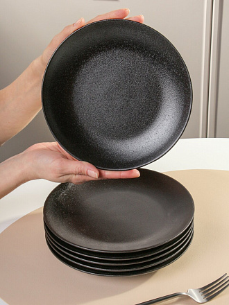 Набор тарелок керамика, 6 шт, 20 см, круглый, Крафт, Daniks, Y4-8358, черный