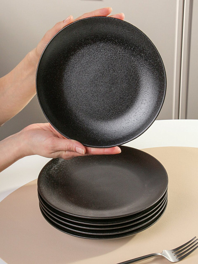 Набор тарелок керамика, 6 шт, 20 см, круглый, Крафт, Daniks, Y4-8358, черный