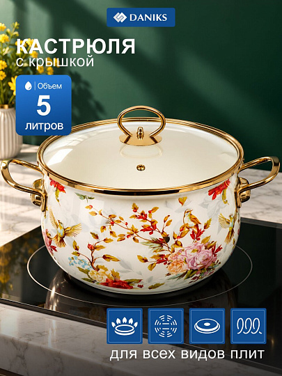 Кастрюля эмалированная сталь, 5 л, крышка стекло, Daniks, Elisa, Y4-8962, индукция
