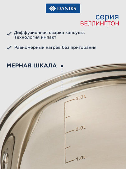 Кастрюля нержавеющая сталь, 3.8 л, крышка стекло, Daniks, Веллингтон, GS-01415-20CA, индукция