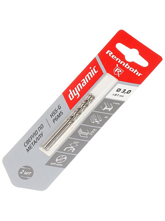 Сверло по металлу, 2 шт, Rennbohr, Dinamic Card, диаметр 3х61 мм, цилиндрический хвостовик, 675030
