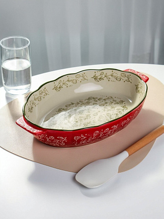 Форма для запекания керамика, 22х35х6 см, овальная, Красные веточки, Y4-9764