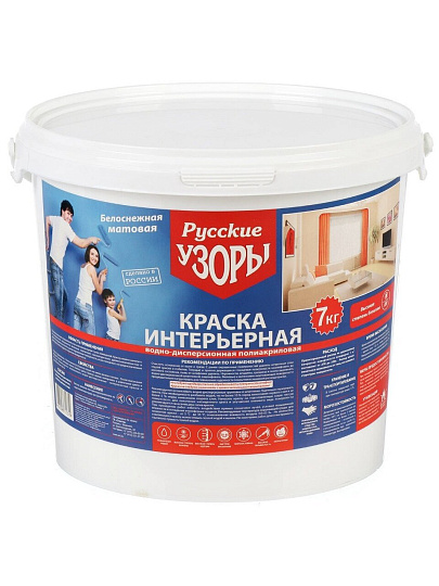 Краска водно-дисперсионная, Русские узоры, акриловая, интерьерная, матовая, белоснежная, 7 кг