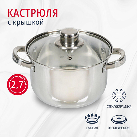 Кастрюля нержавеющая сталь, 2.7 л, с крышкой, крышка стекло, DNN3, SD-A17-18