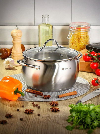 Кастрюля нержавеющая сталь, 6.5 л, крышка стекло, Daniks, Эмилия, CW-W075-24, индукция