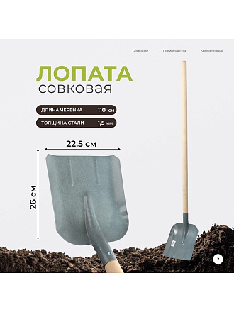 Лопата совковая, сталь, 1.5х225х260 мм, черенок деревянный, СП, с ребром жёсткости