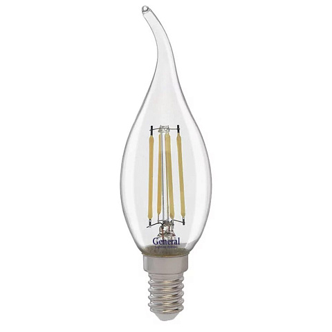 Лампа светодиодная E14, 15 Вт, 230 В, свеча на ветру, 4500 К, свет нейтральный белый, General Lighting Systems, Филамент, прозрачное стекло