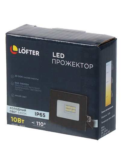 Прожектор светодиодный, Lofter, LG172L-10W2, 10 Вт, 6400 К, IP65, 800 Лм, черный