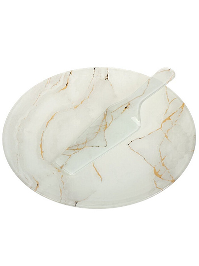 Блюдо стекло, 2 предмета, 30 см, круглое, с лопаткой, бежевое, Daniks, Флюид