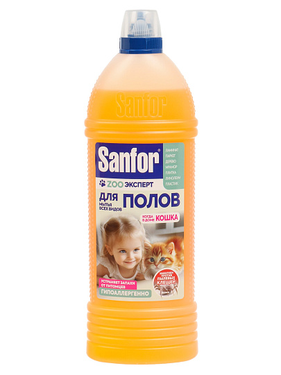 Средство для мытья полов Sanfor ZOO экспер, Ультра блеск, 1 л, Для домов с кошками, 29712