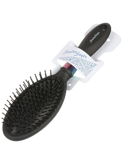 Расческа массажная, резиновая ручка, для волос, овальная, черная, 70х265х40 мм, Studio style, 58808-7121