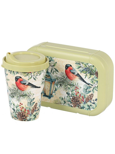 Набор посуды пластик, 0.85 л, 26.7х13х9.5 см, 2 шт, прямоугольный, ланч-бокс, стакан 420мл, с зеленой крышкой, с декором, Снегири