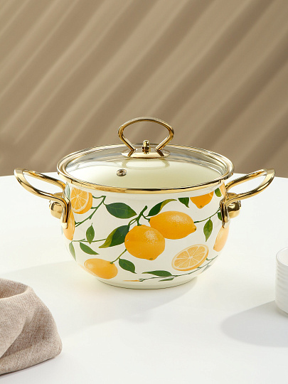Кастрюля эмалированная сталь, 2 л, крышка стекло, Daniks, Лимоны, индукция
