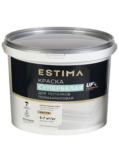 Краска водно-дисперсионная, Estima, полиакриловая, для потолков, матовая, супербелая, 13 кг