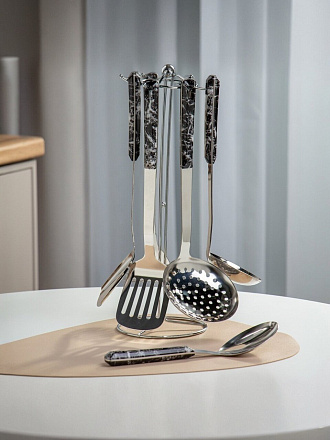 Набор кухонных принадлежностей 7 предметов, сталь, на подставке, навеска, черный, Daniks, Y4-9, ручка пластик