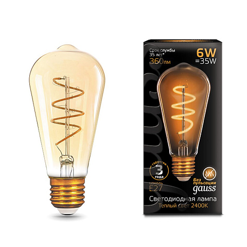 Лампа светодиодная Gauss Filament Golden ST64 157802006, 6 Вт, E27, теплый белый свет