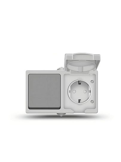 Блок комбинированный открытой установки, 1 гнездо, одноклавишный, с заземлением, 10 А, с защитными шторками, подсветка, IP54, серый, 16А, UNIVersal, Аллегро, 1273