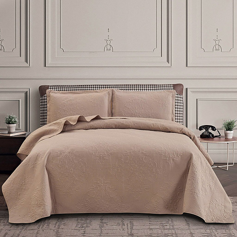 Текстиль для спальни евро, покрывало 230х250 см, 2 наволочки 50х70 см, Silvano, Ультрасоник Барокко, капучино