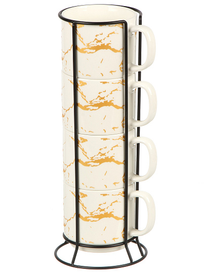 Кружка керамика, 4 шт, 300 мл, Мрамор с золотом, Y4-5347, белая, металлическая подставка