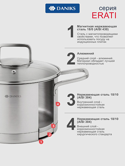 Кастрюля нержавеющая сталь, 3.9 л, крышка стекло, круглая, Daniks, Ирати, SD-01369-20, индукция