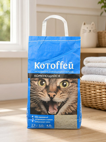 Наполнитель для лотка комкующийся, 4.8 л, 2.7 кг, Котоffей