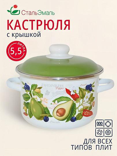 Кастрюля эмалированная сталь, 5.5 л, крышка сталь, цилиндрическая, СтальЭмаль, Авокадо, 6RD221M, белоснежная, индукция