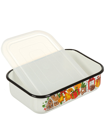 Лоток сталь, эмалированное покрытие, 1.5 л, 22х15х6.5 см, прямоугольный, крышка пластик, Керченский металлургический завод, Пряничный домик, 42504-082/4.03-У9