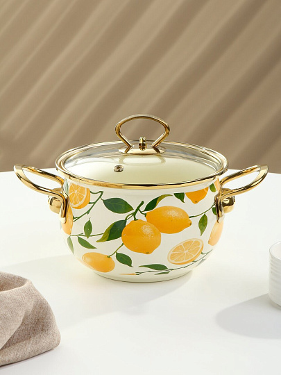 Кастрюля эмалированная сталь, 2 л, крышка стекло, Daniks, Лимоны, индукция