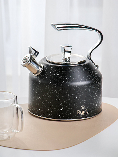 Чайник нержавеющая сталь, 3 л, со свистком, матовый, ручка сталь, RasheL, индукция, черный, R-7831