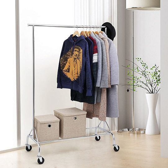 Вешалка напольная 110.5х48.5х160 см, Songmics, металл, с колесами, полка для обуви, телескопическая, 75 кг, Лофт, HSR02S, серебристая
