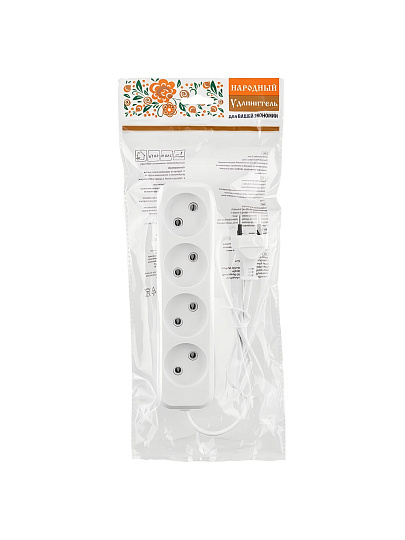 Удлинитель 4 гнезда, 1.5 м, без заземления, 6 А, 1380 Вт, белый, TDM Electric, Народный, SQ1303-1205