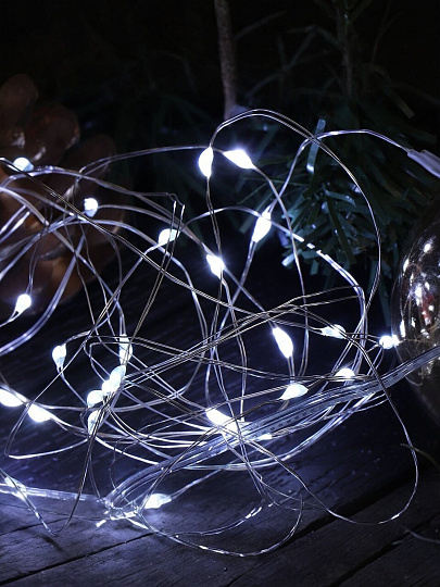 Гирлянда 100 ламп, 10 м, 1 режим, холодный белый свет, серебристая, в помещении, на батарейках, LED, Y4-7524