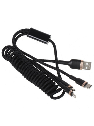 Кабель USB USB, OLMIO, Spring, microUSB, Apple Lightning, Type-C, 3 А, 1.5 м, черный, 041623