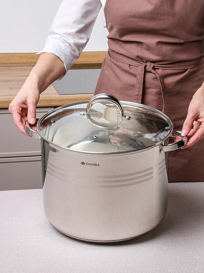 Кастрюля нержавеющая сталь, 16 л, крышка стекло, Daniks, Общепит, SD-6BP-16, индукция