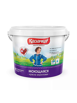Краска водно-дисперсионная, Казачка, W-4, акриловая, универсальная, моющаяся, влагостойкая, матовая, 2.7 кг