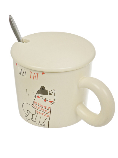 Кружка фарфор, 380 мл, Веселые коты, с крышкой, с ложкой, B060830