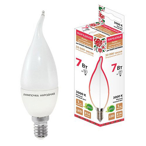 Лампа светодиодная E14, 7 Вт, 55 Вт, свеча на ветру, 3000 К, мягкий теплый, TDM Electric, Народная
