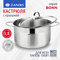 Кастрюля нержавеющая сталь, 5.8 л, с крышкой, крышка стекло, Daniks, Бонн, GS-01319-24CA, индукция