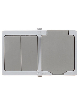 Блок комбинированный открытой установки, 1 гнездо, двухклавишный, с заземлением, 10 А, с защитными шторками, IP54, TDM Electric, Вуокса, SQ1803-0012