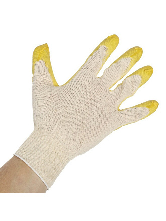Перчатки х/б, латексный облив, без рисунка, 13 класс вязки, белая основа, Золотая перчатка